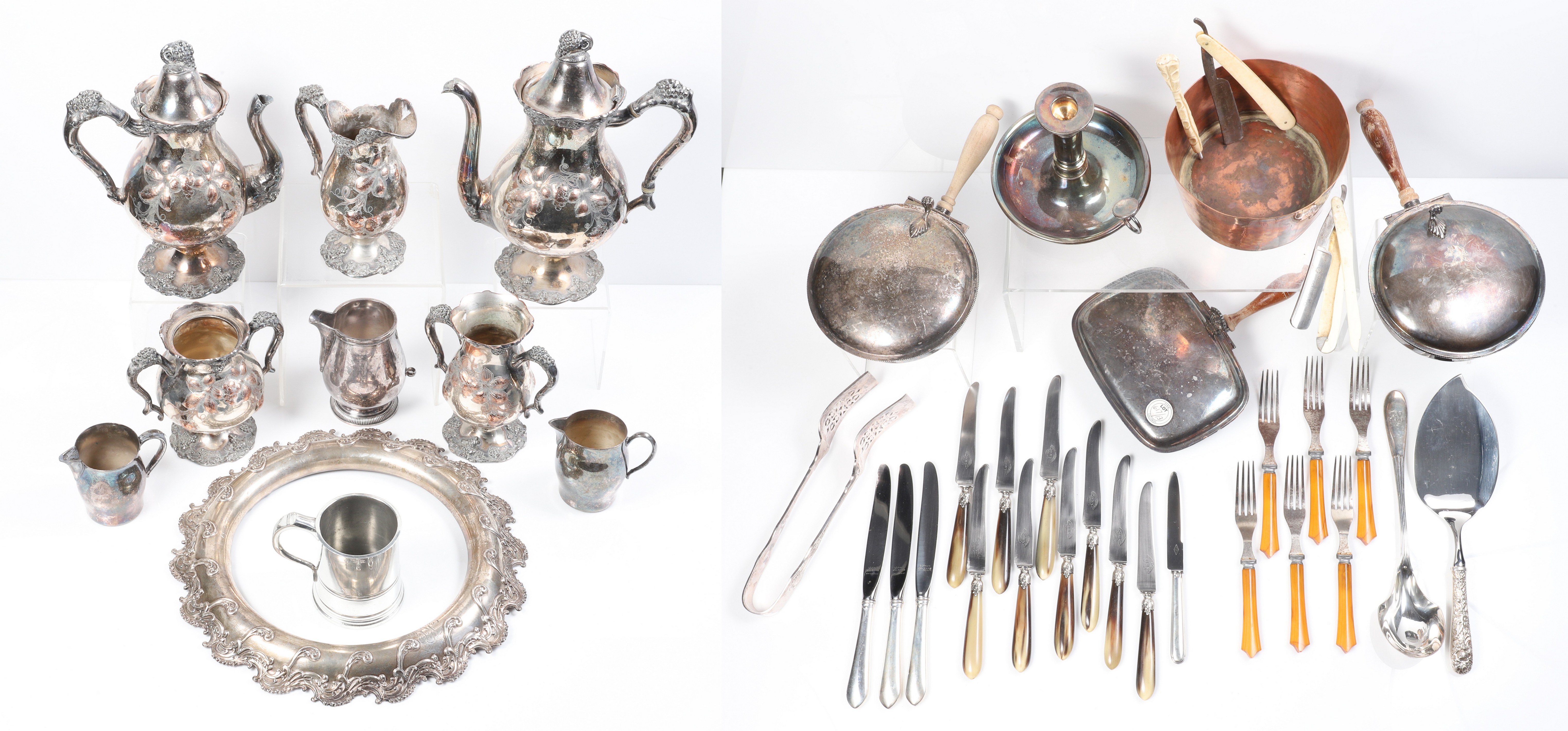 silver plate tea and table items to