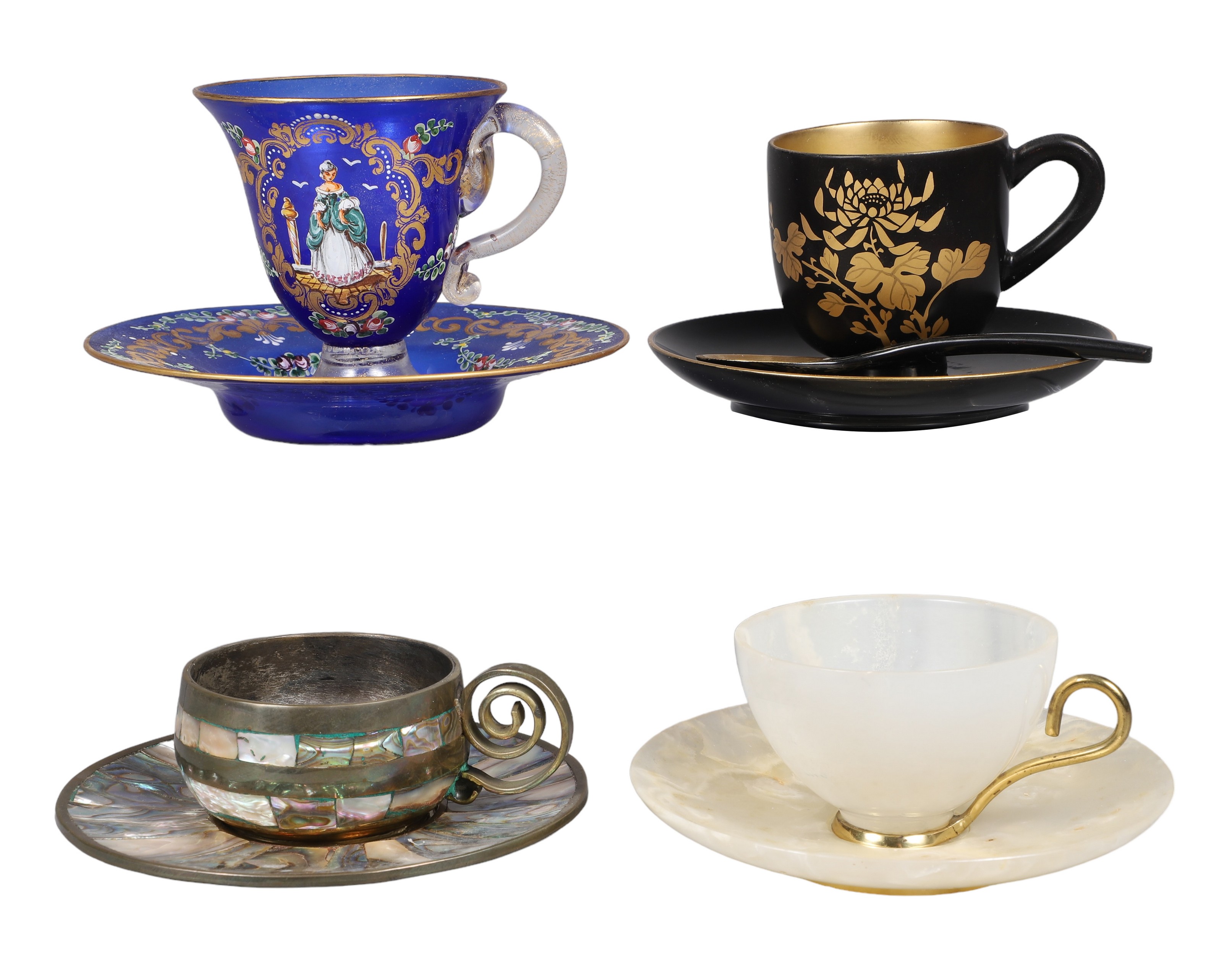 (4) Cup & saucer sets, c/o enamel glass,