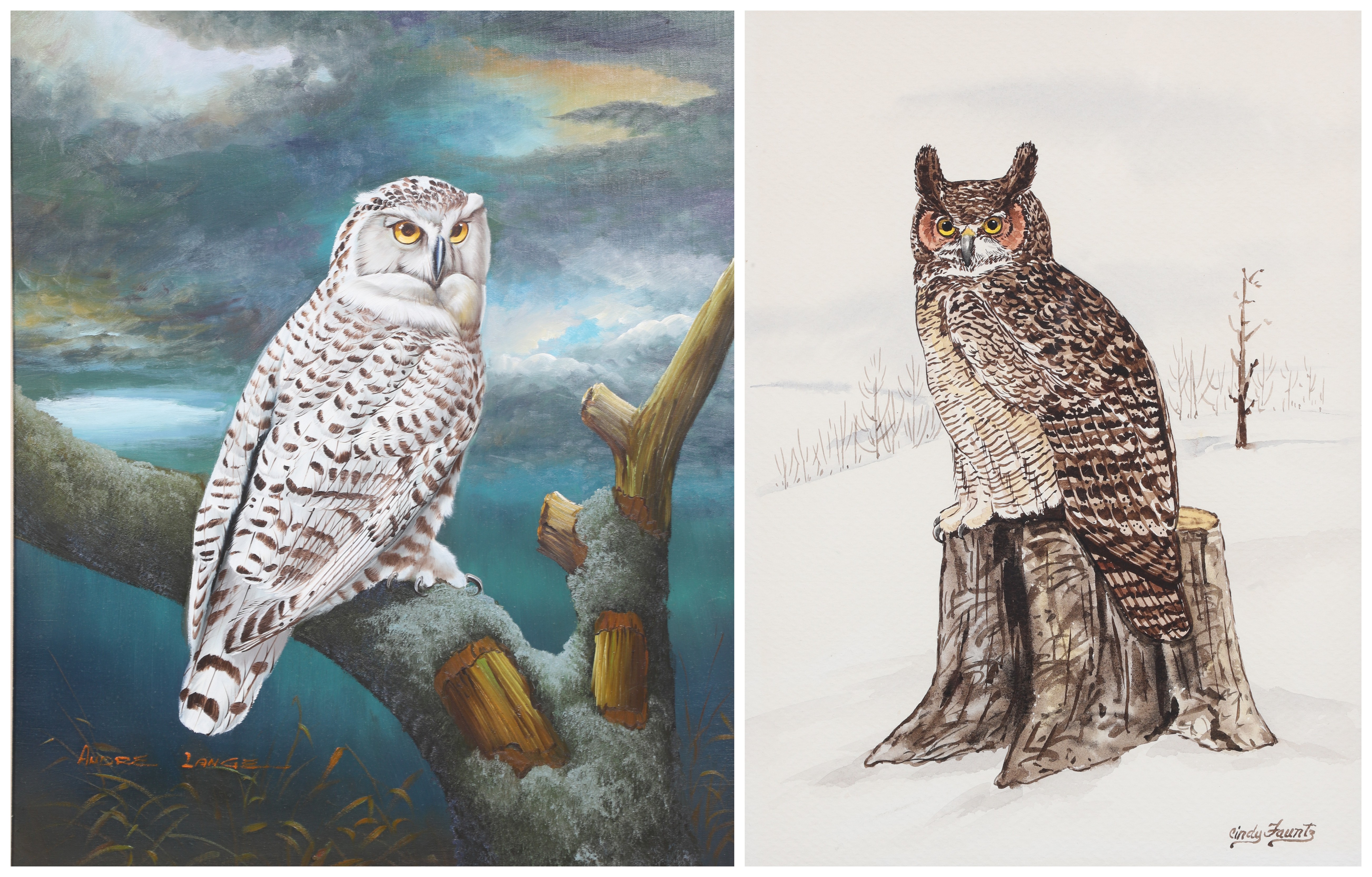  2 Paintings of owls white owl  2e1133