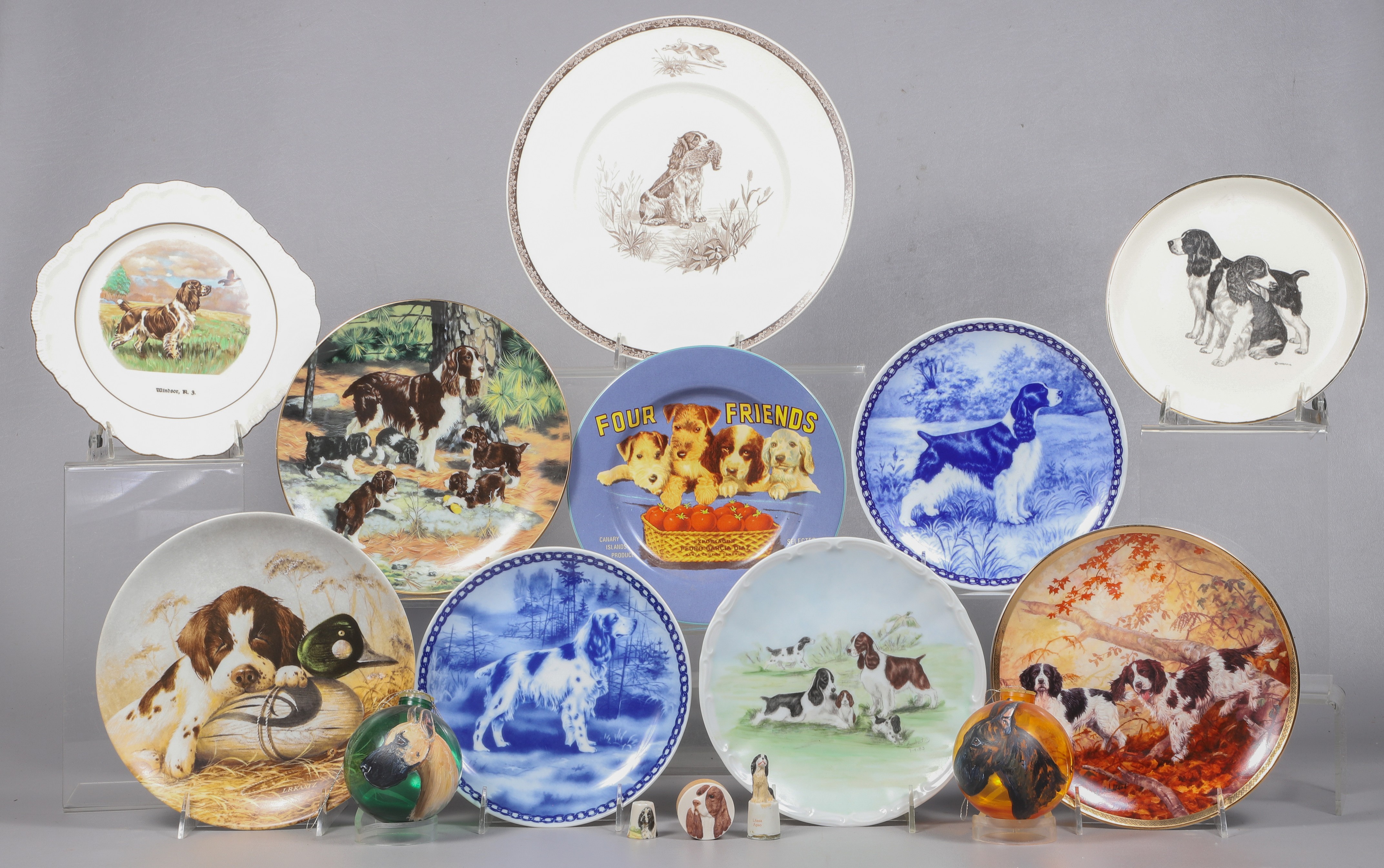 (13) Porcelain Spaniel dog items, including