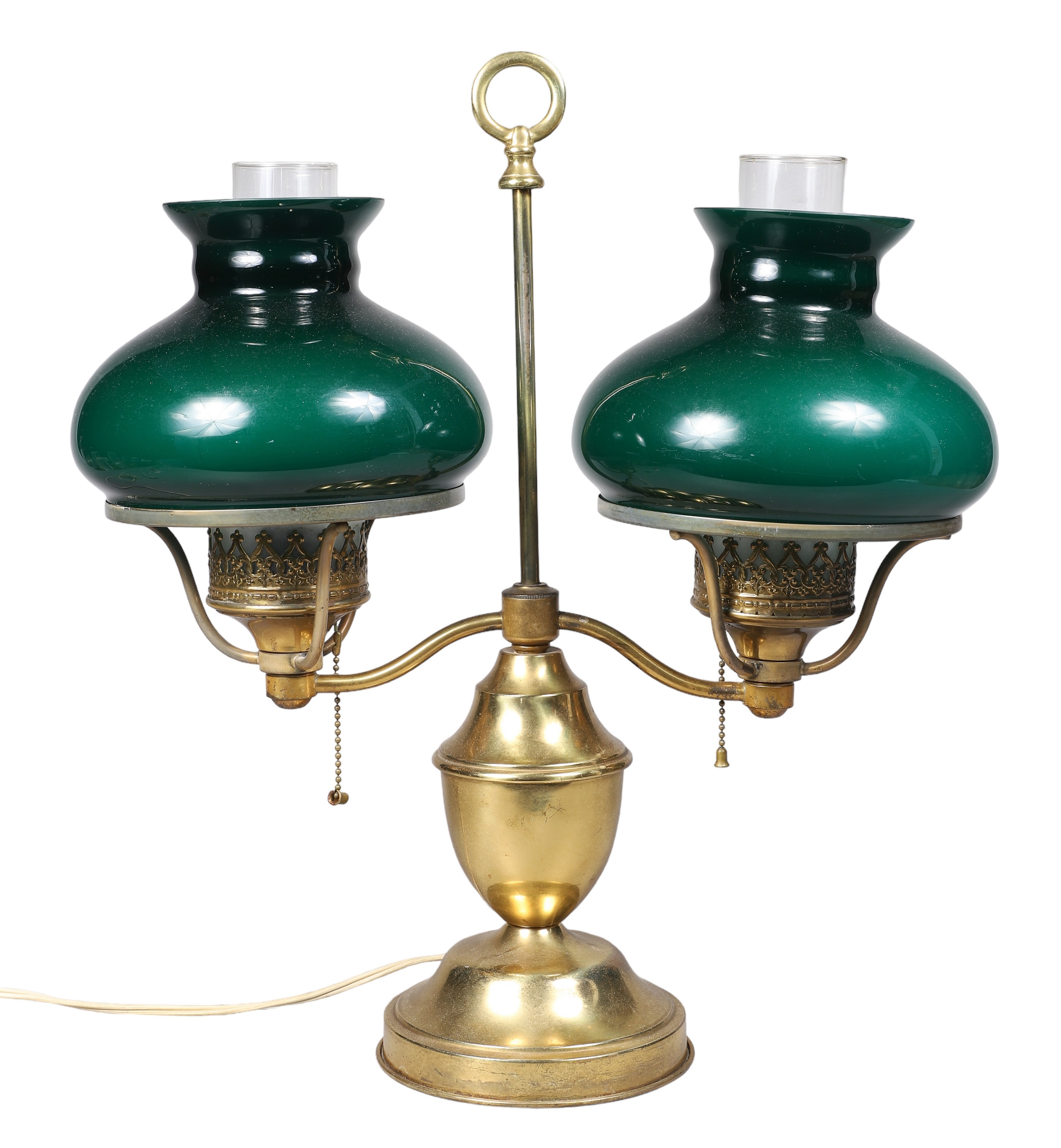 Brass green glass students lamp,