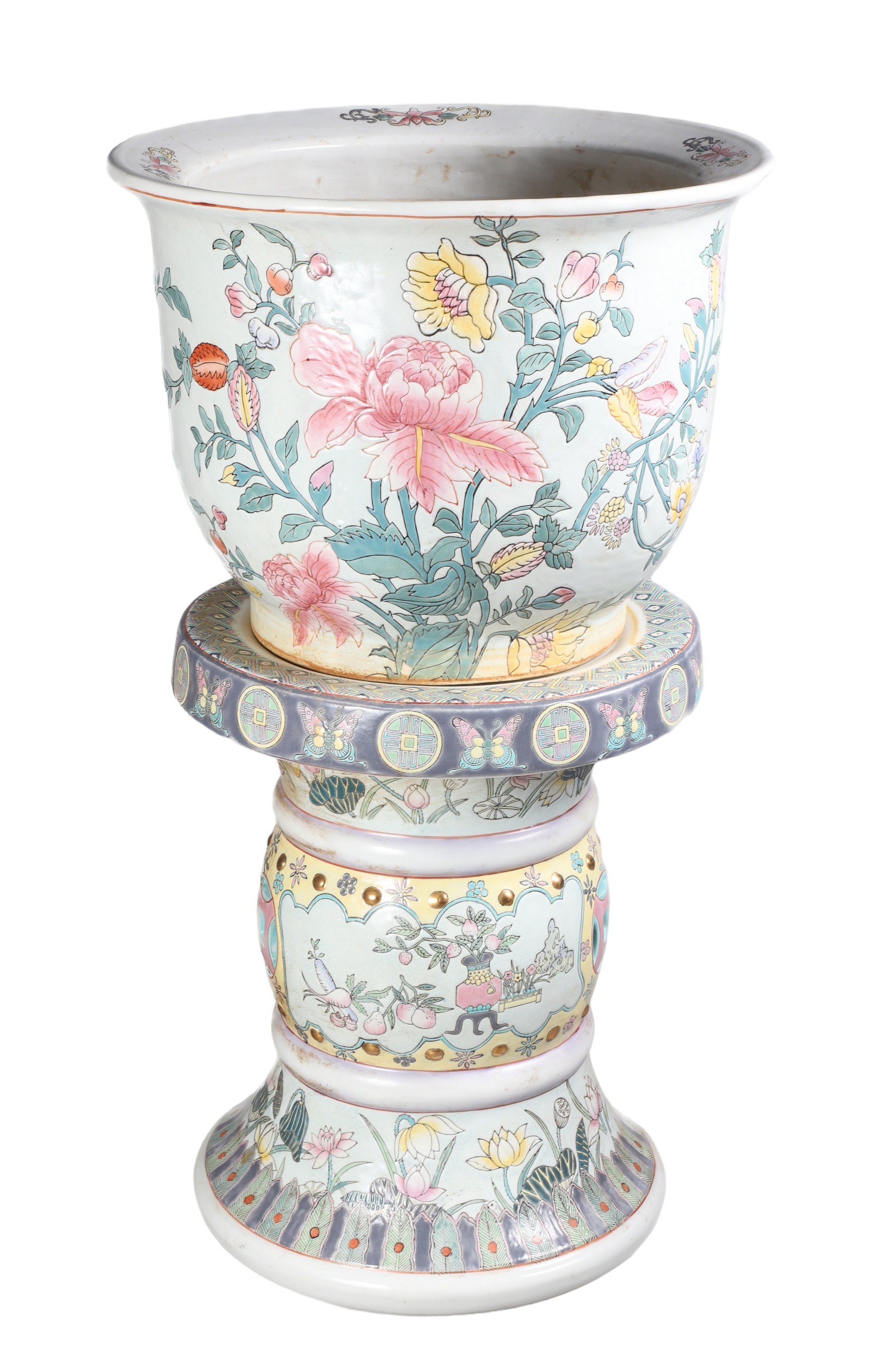 Chinese porcelain cache pot & pedestal,