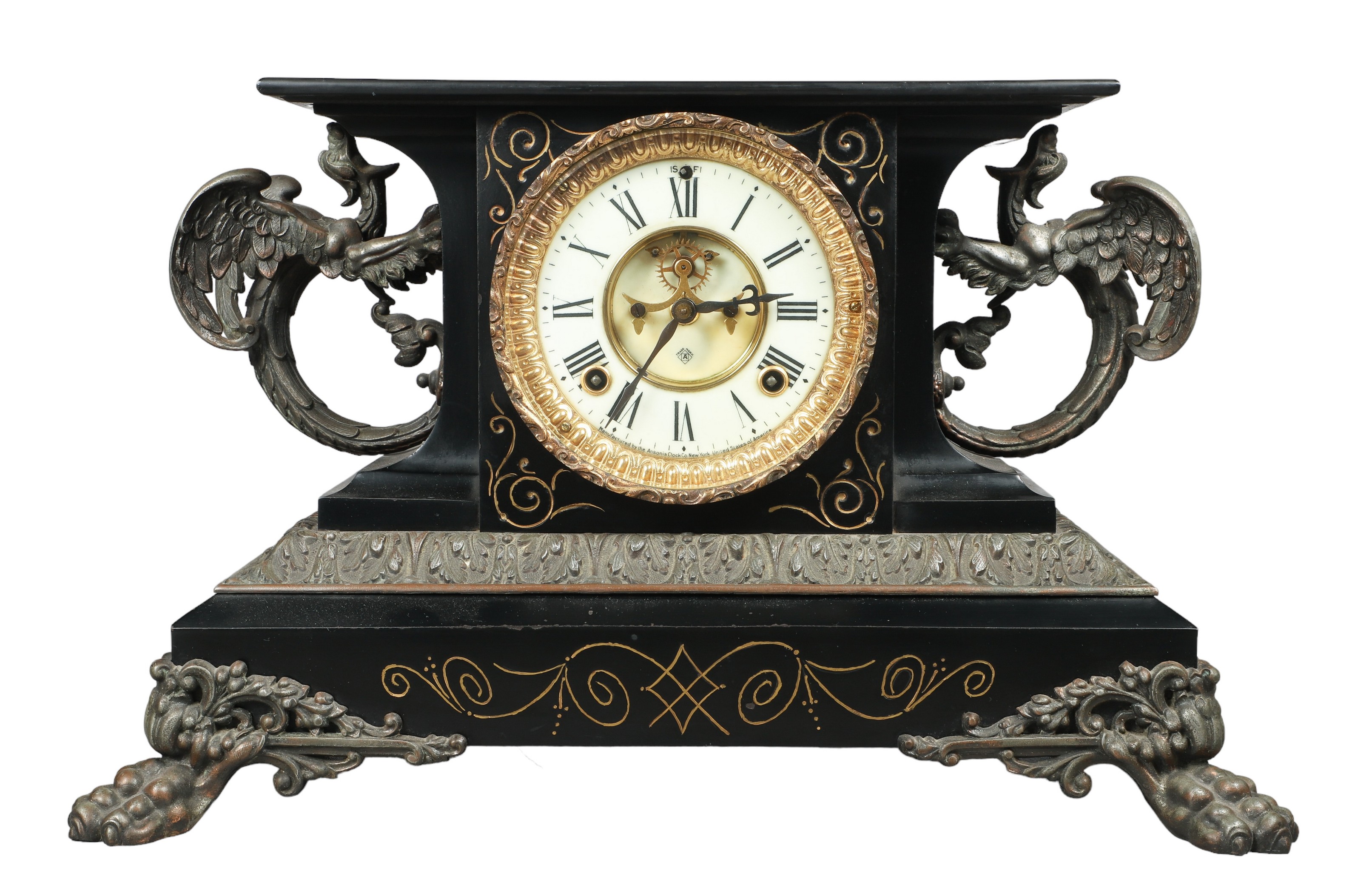 Ansonia enameled iron mantle clock,