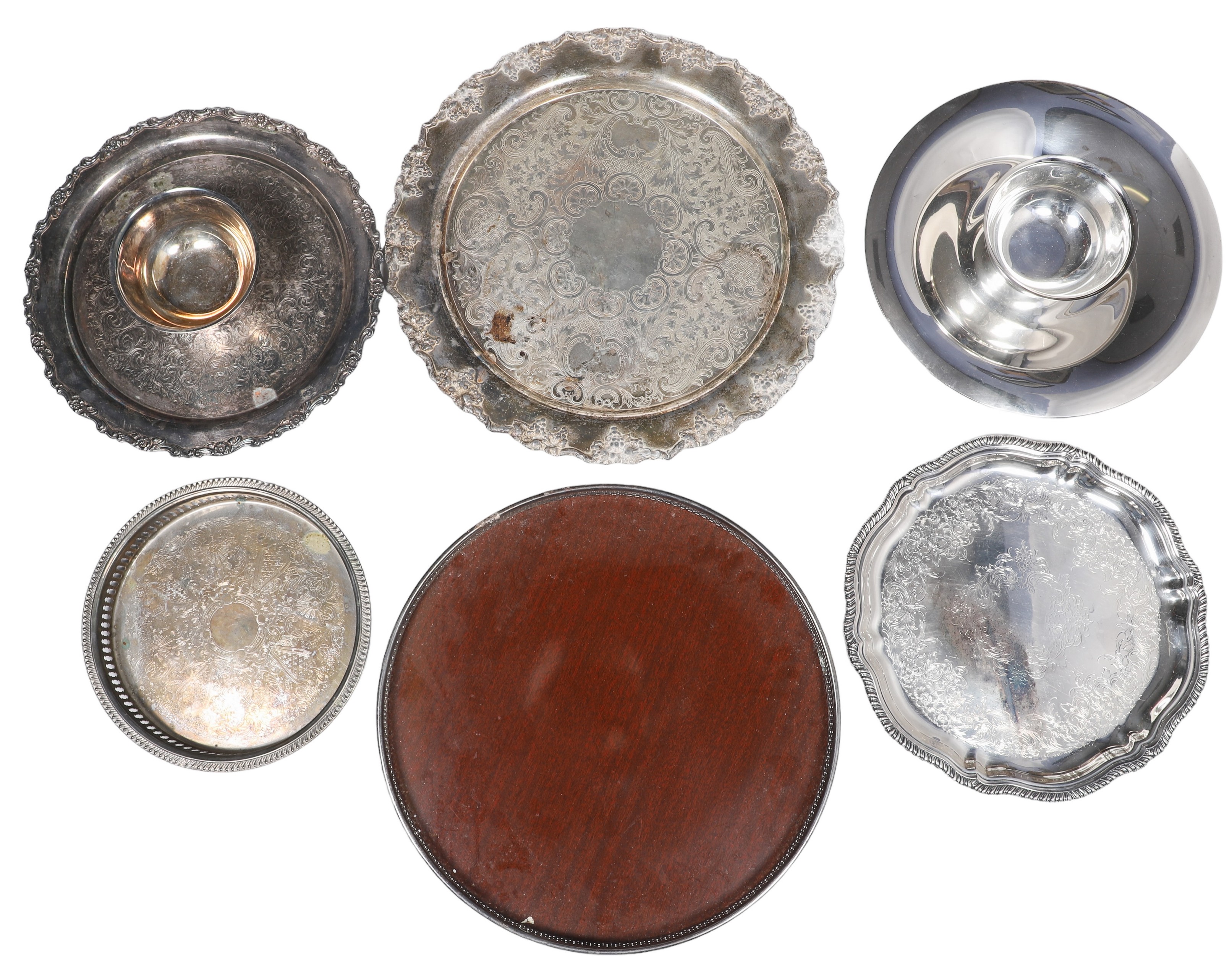 (6) Round silver plate trays, including
