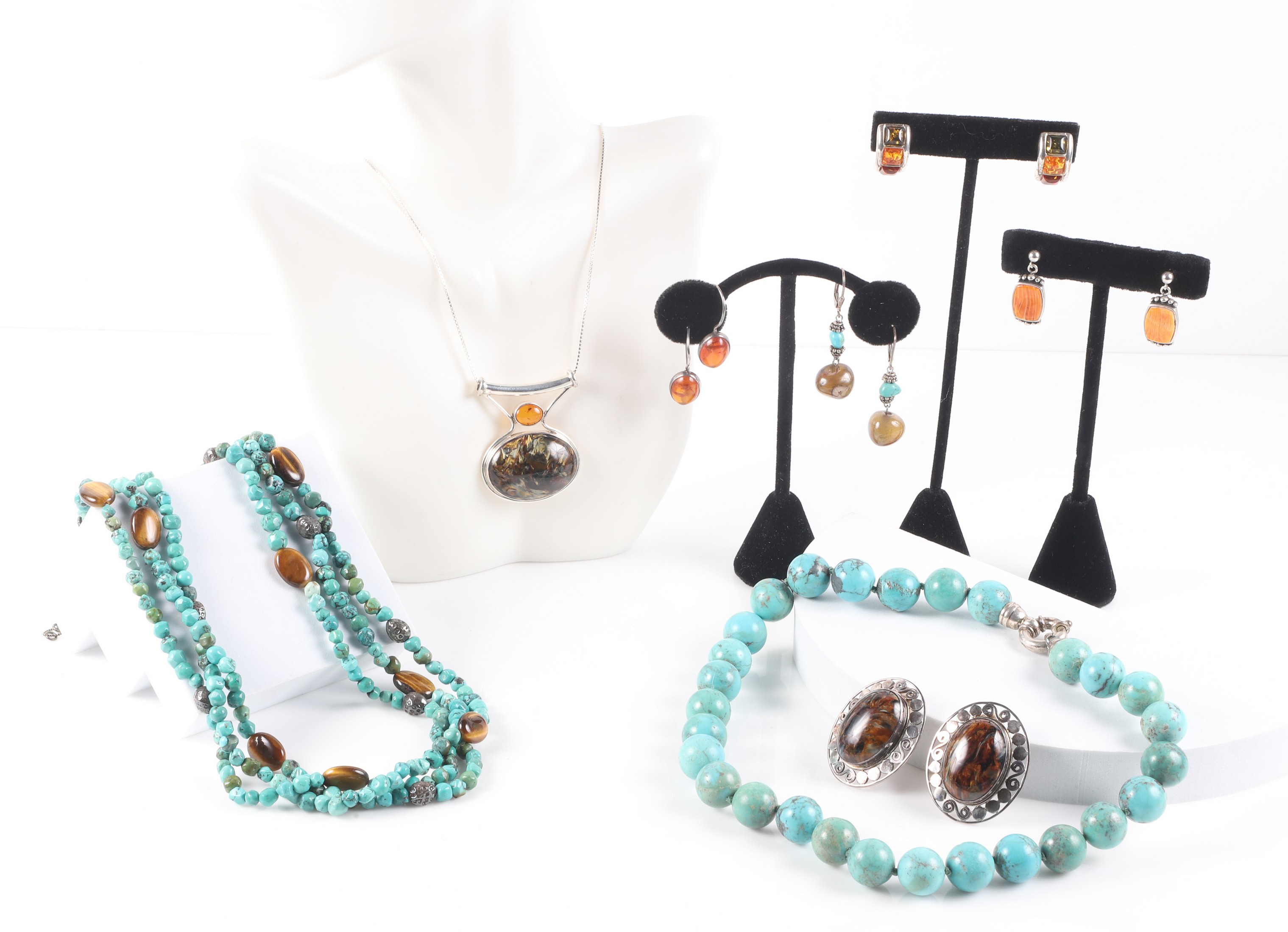 Sterling, amber and turquoise jewelry