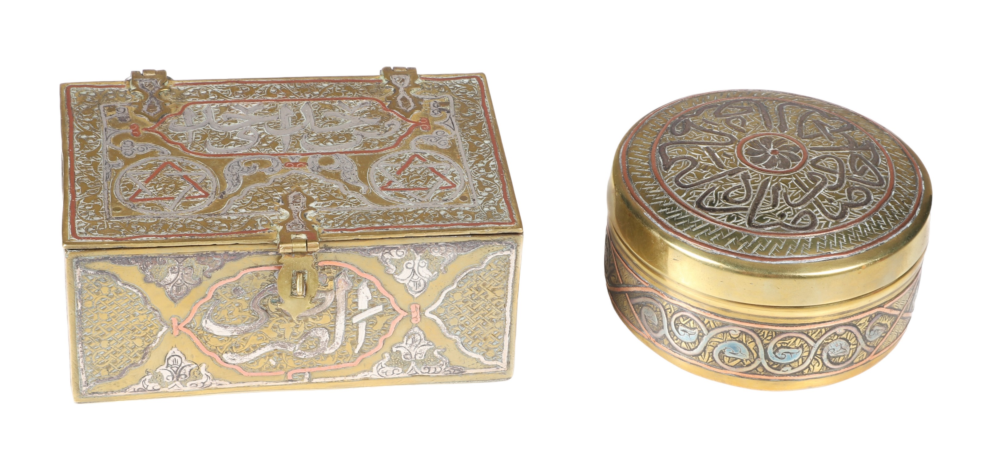 (2) Damascene brass boxes, silver