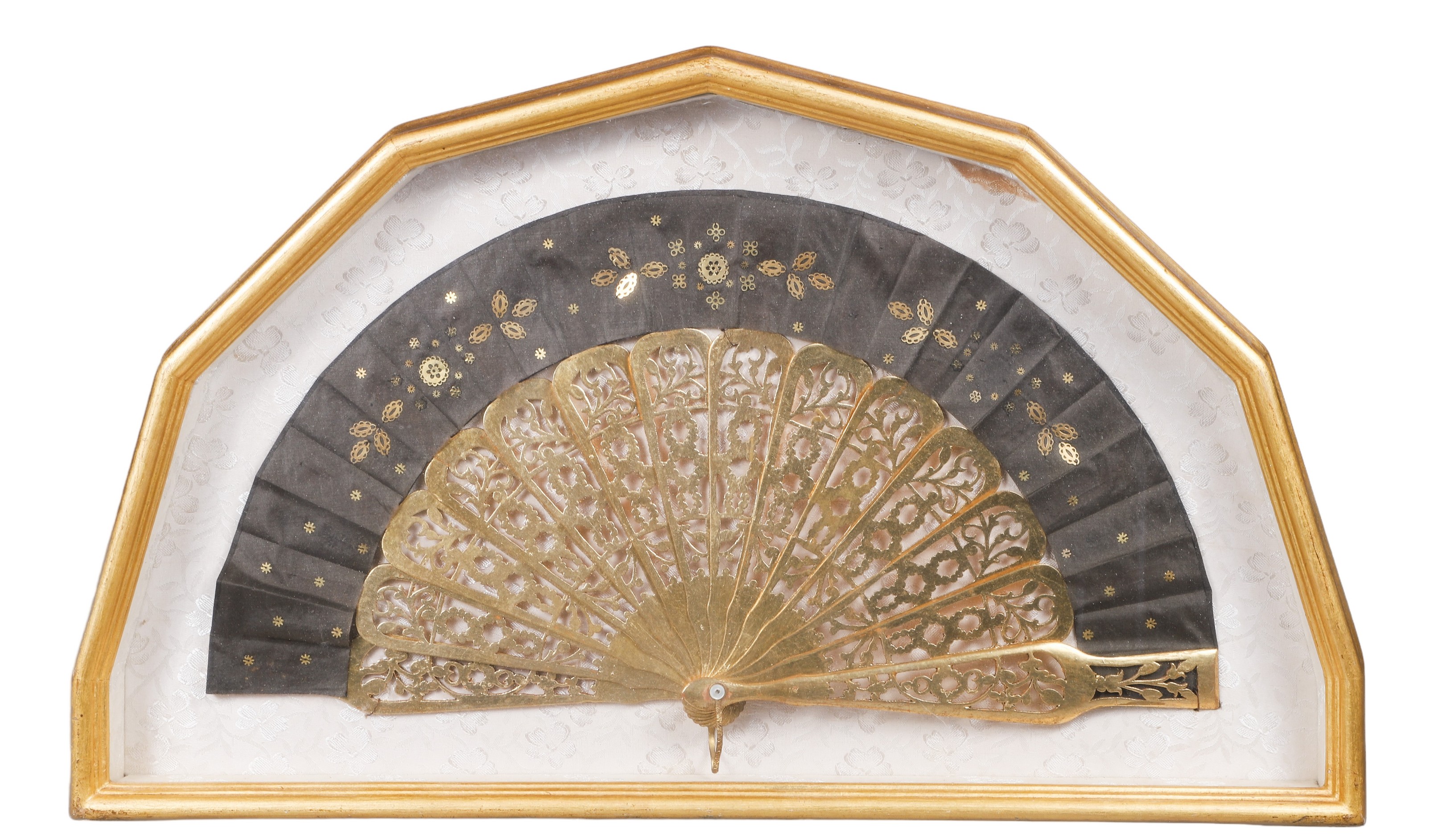 Framed folding fan, carved gilt wood