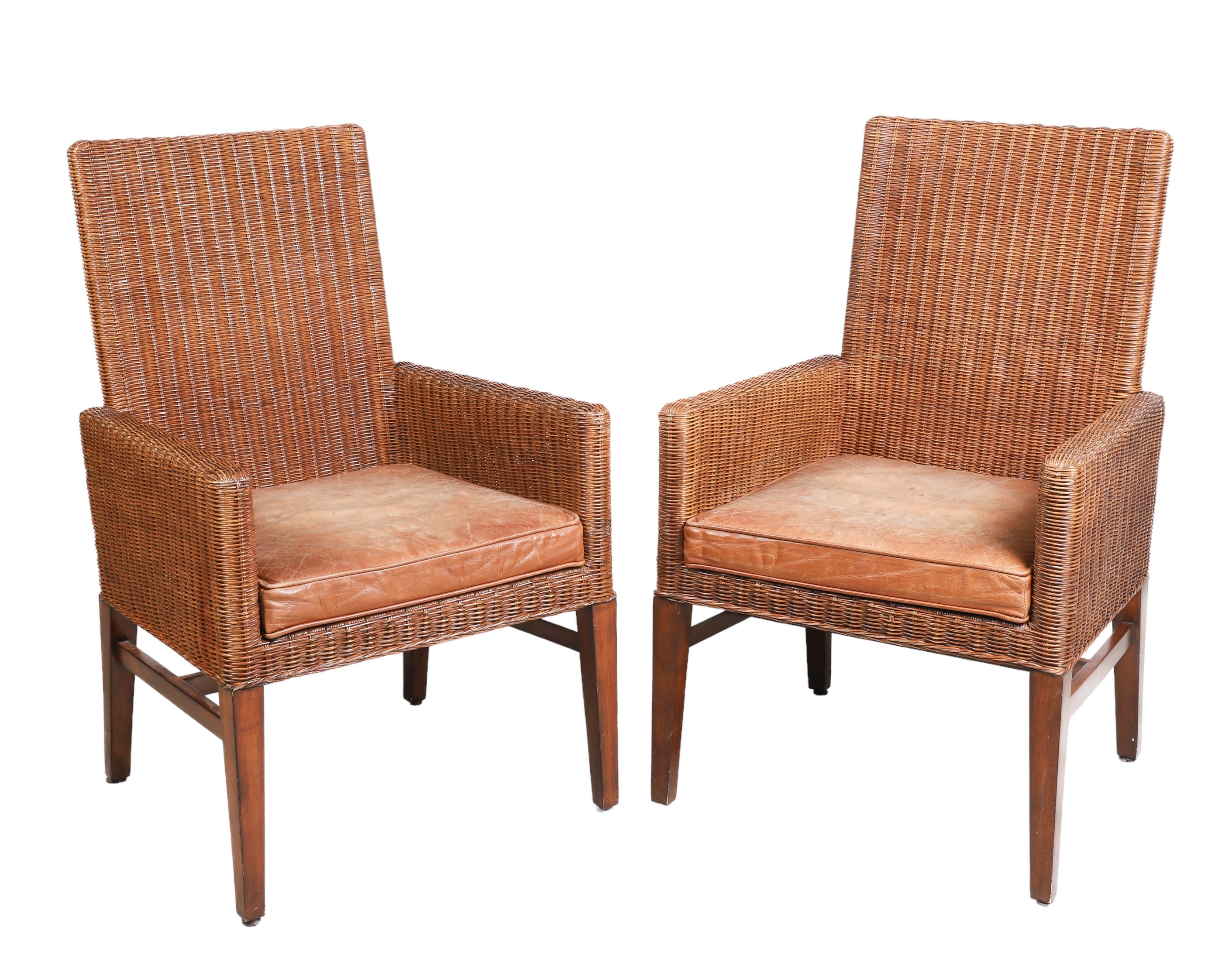 Pair Contemporary wicker and leather
