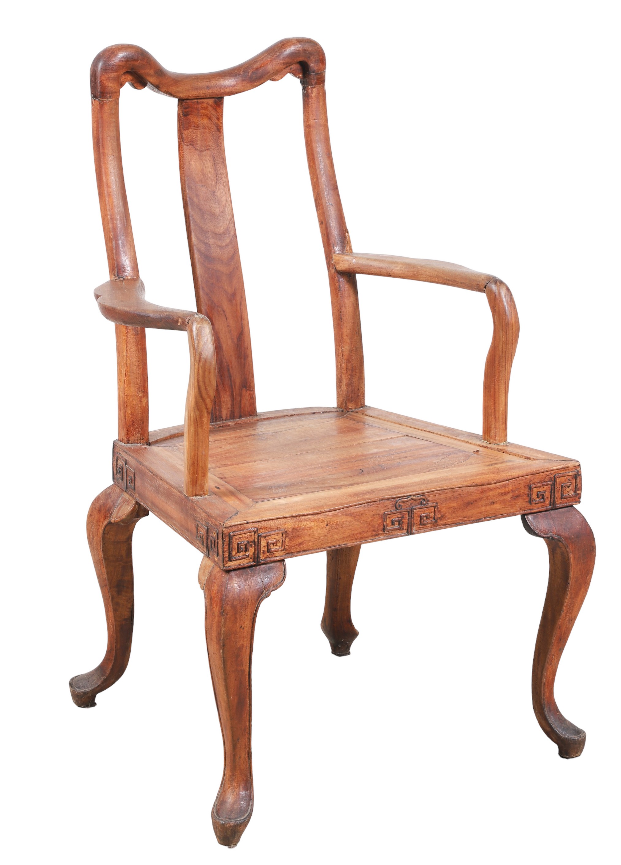 Chinese elmwood carved open armchair,