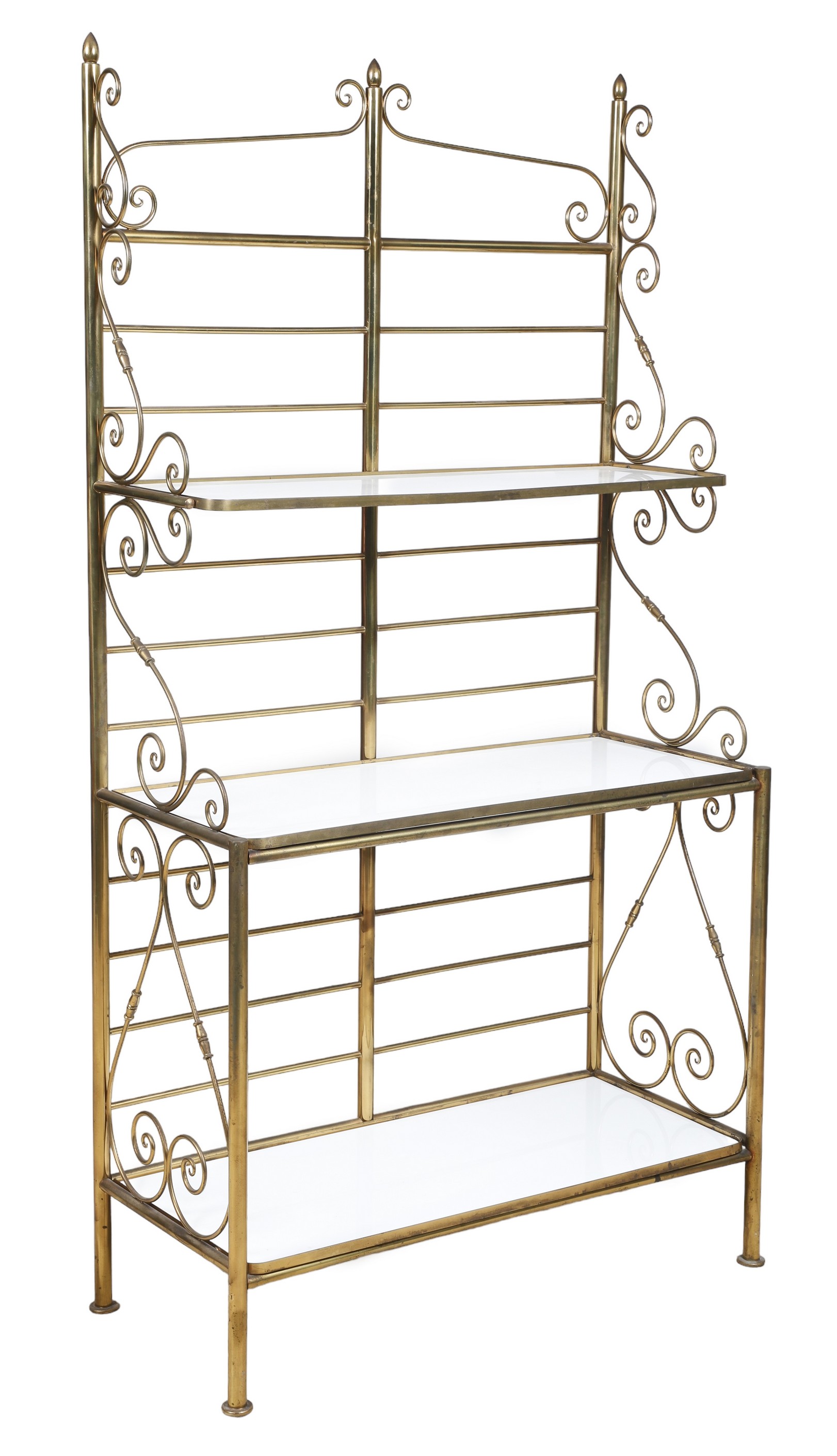 Brass bakers rack, scrolled brass decoration,