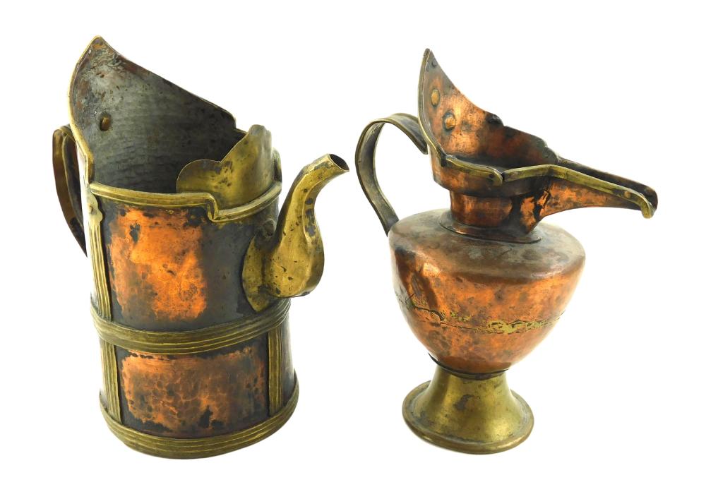ASIAN: TWO COPPER AND BRASS EWERS,