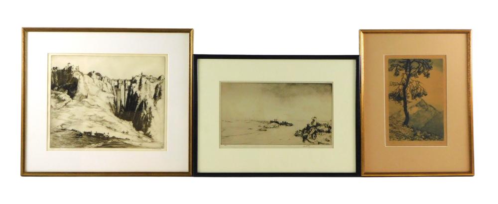 THREE FRAMED ETCHINGS OF LANDSCAPES,