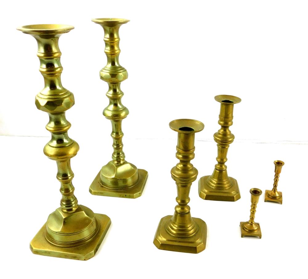 THREE PAIR BRASS ENGLISH CANDLE