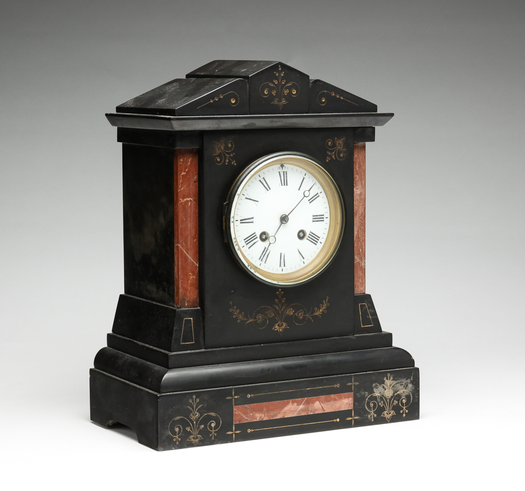 FRENCH SLATE AND MARBLE MANTLE CLOCK.