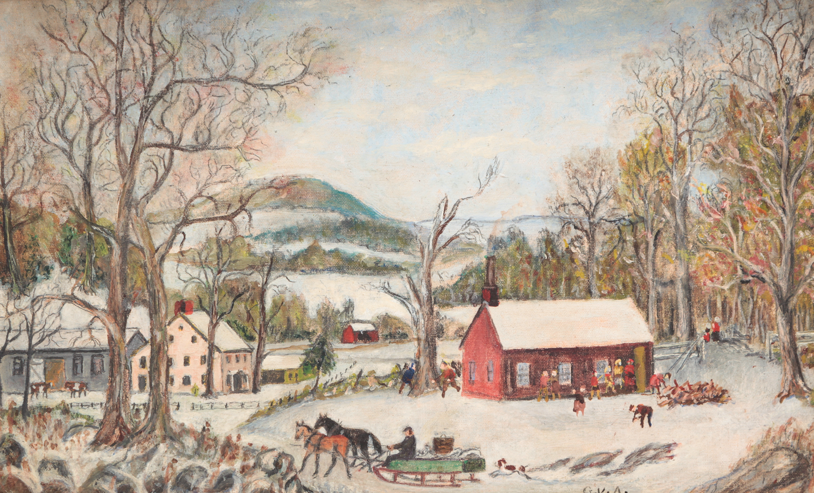 AMERICAN FOLKSY WINTER FARM SCENE.