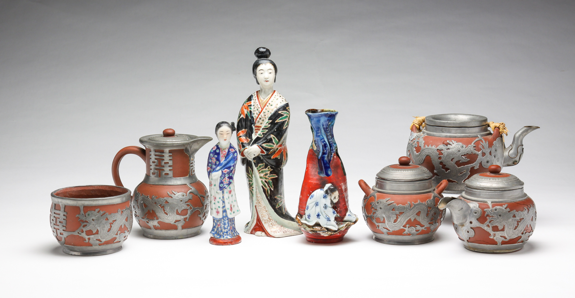 ASIAN POTTERY INCLUDING SUMIDA AND YIXING.