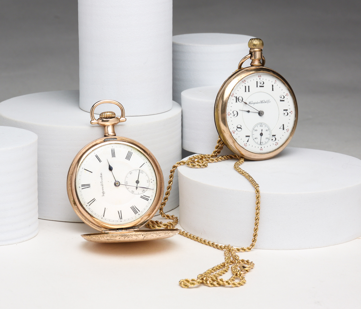 TWO AMERICAN 16 SIZE POCKET WATCHES.