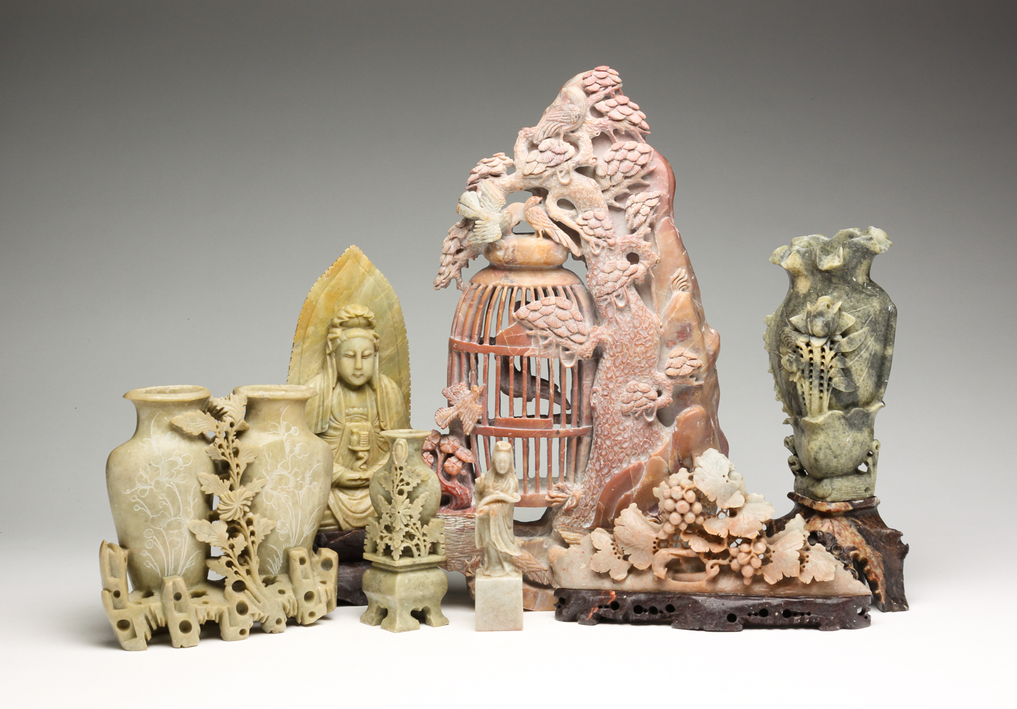 SEVEN CHINESE SOAPSTONE CARVINGS.