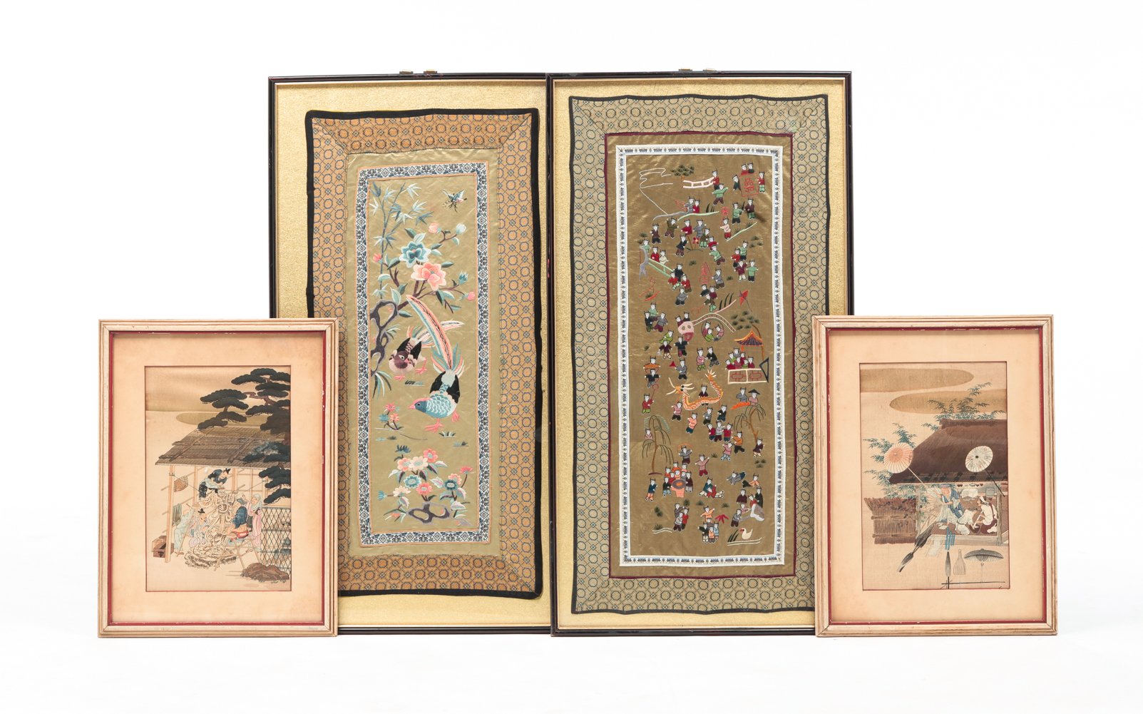 FOUR FRAMED ASIAN PANELS AND WOODBLOCKS  2dfacb