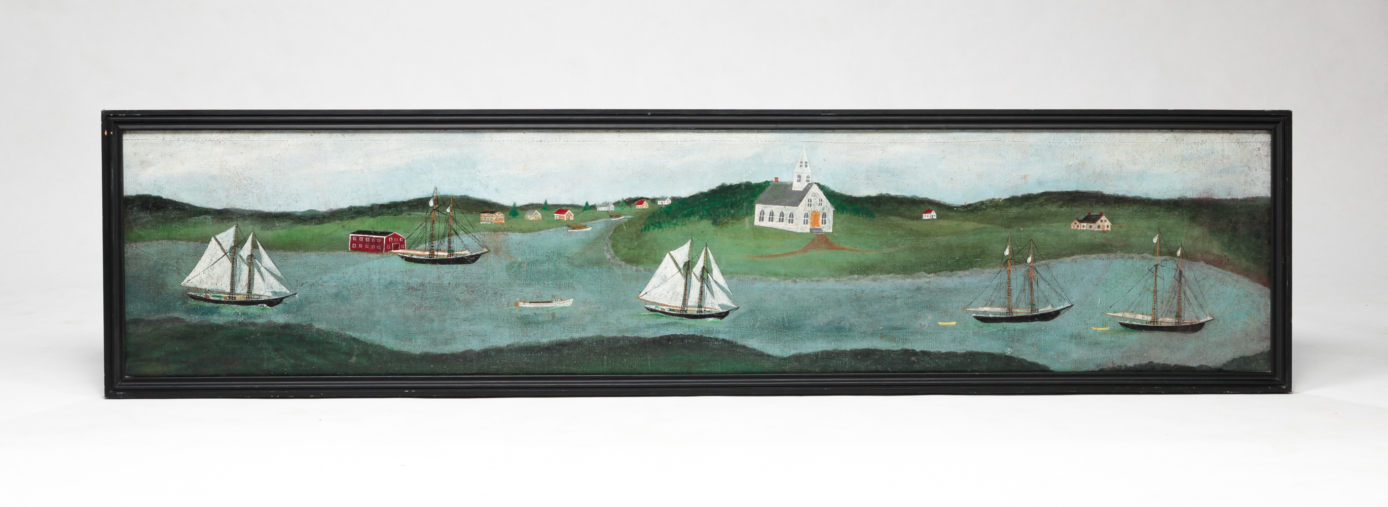 AMERICAN FOLK ART RIVERSCAPE WITH