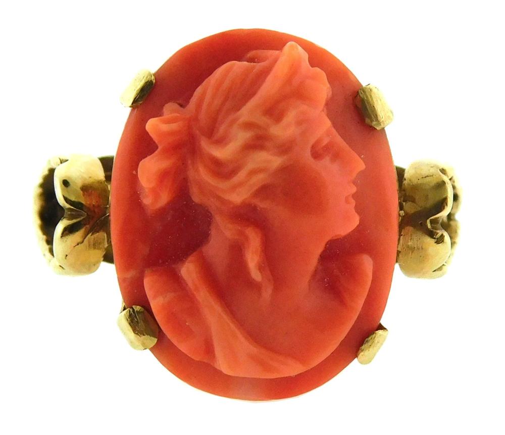 JEWELRY: 14K CORAL CAMEO RING,
