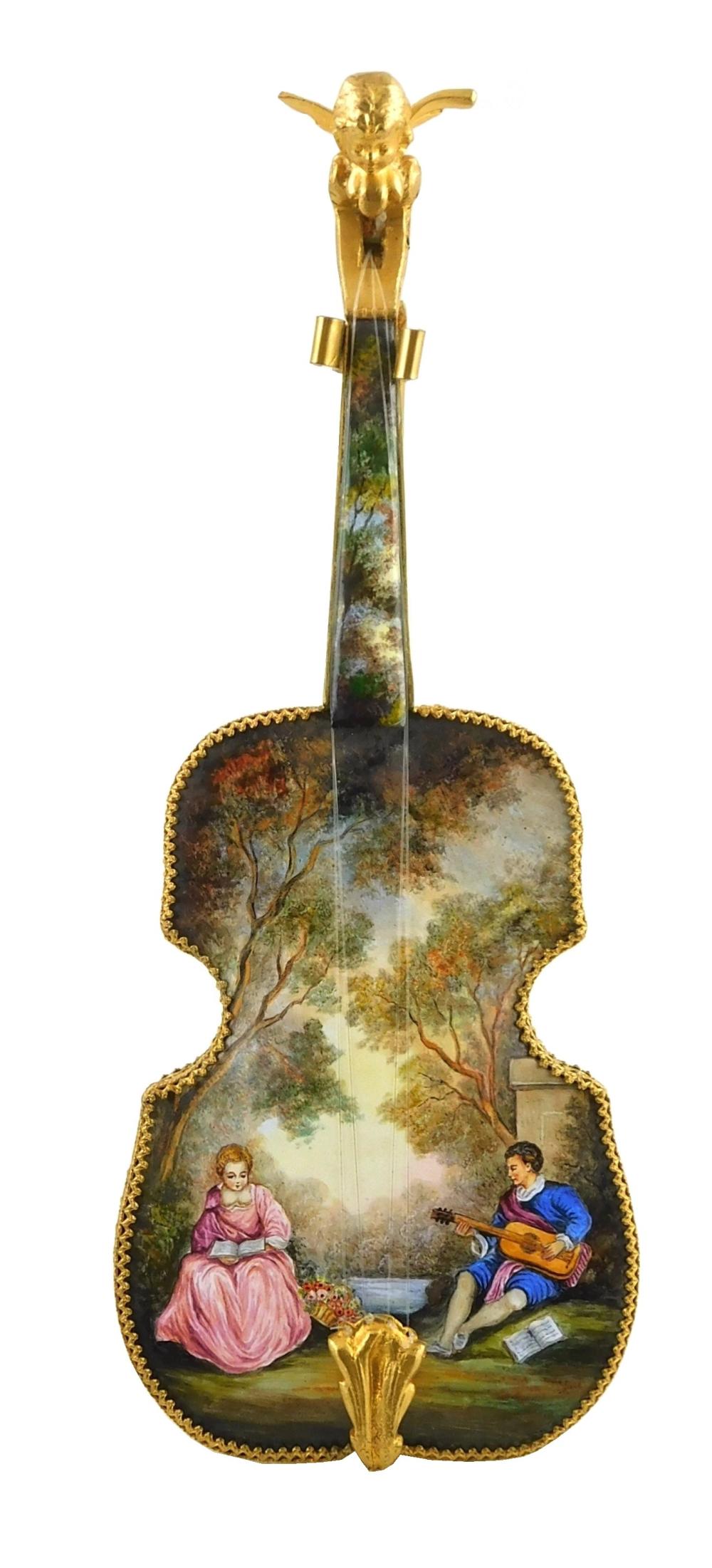 VIOLIN FORM ENAMELED MUSIC BOX,