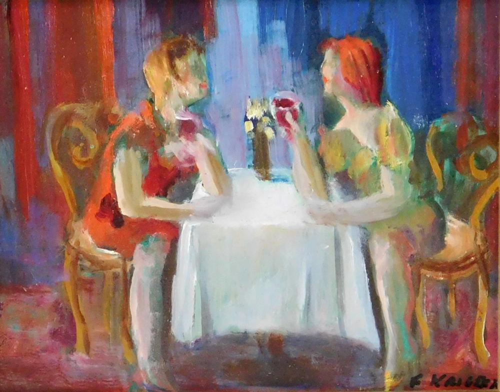 TWO WOMEN DINING, OIL ON PANEL, THEY