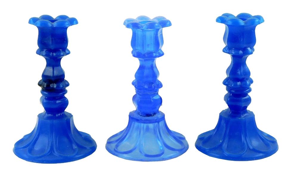 THREE BLUE SANDWICH GLASS TYPE