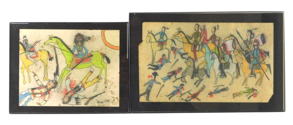 TWO SIOUX INDIAN WAR PARTY DRAWINGS,