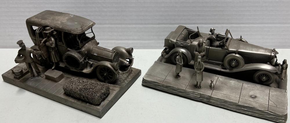 TWO HEAVY PEWTER EARLY CAR SCULPTURES,