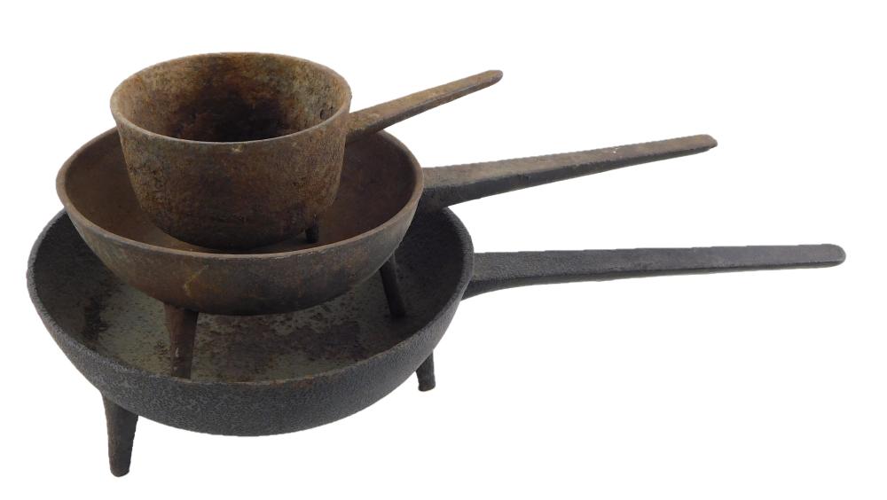 THREE CAST IRON TRIPOD SKILLET/POTS,