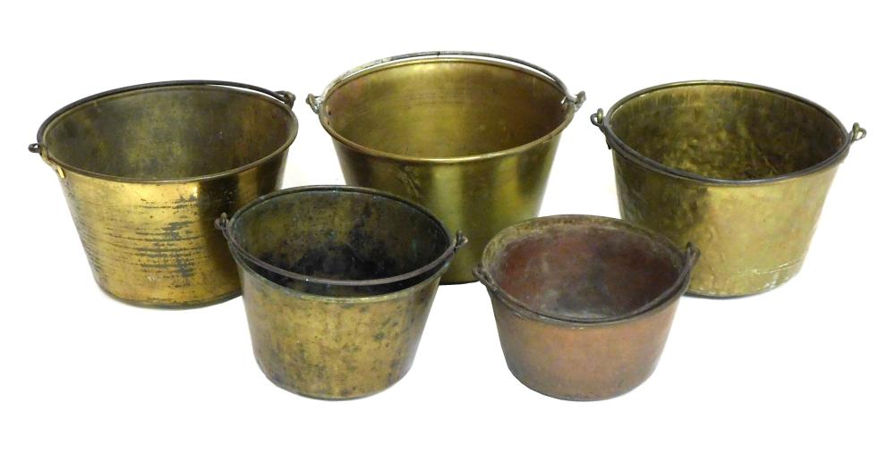 METAL BUCKETS 19TH C FIVE PIECES  2e2ac1