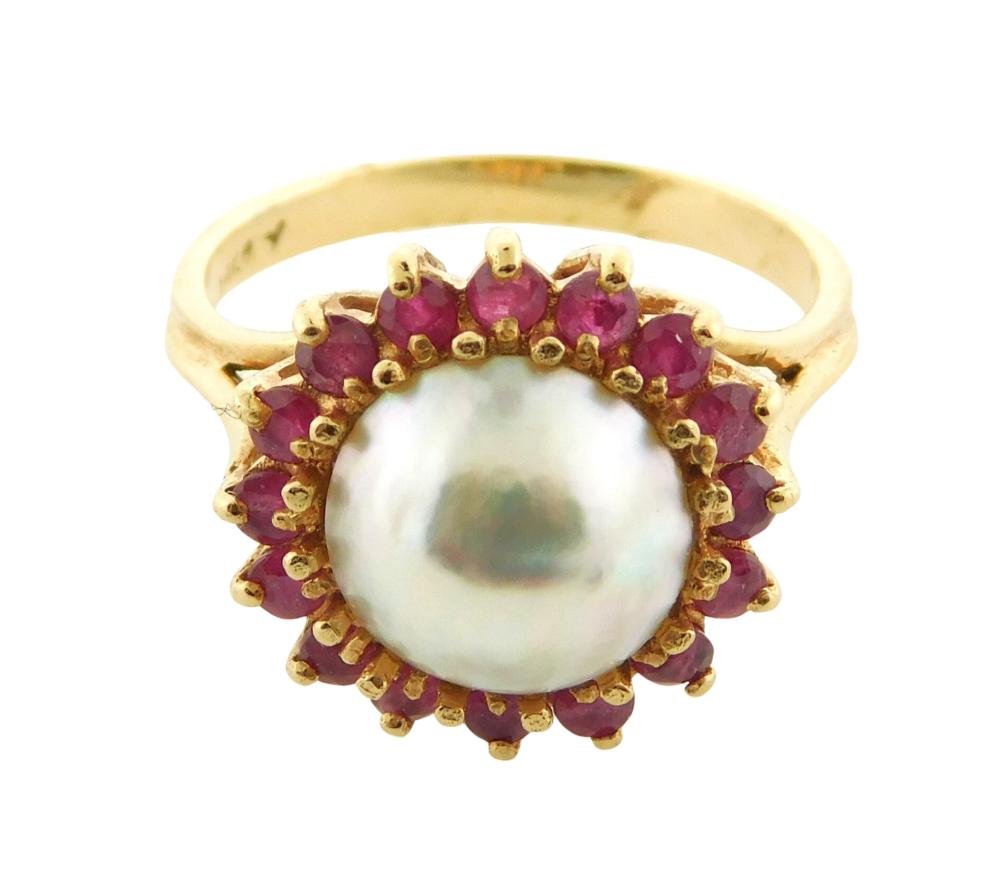 JEWELRY: 14K PEARL AND RUBY RING,