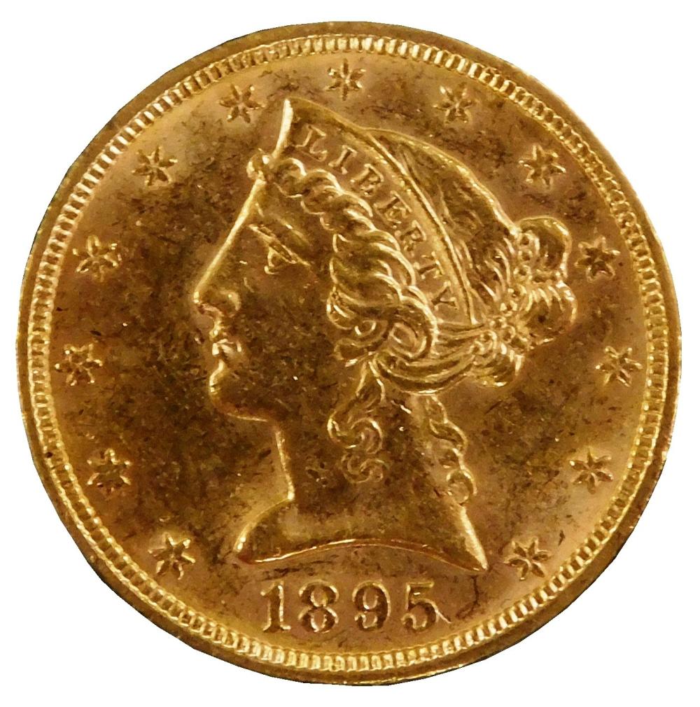 COINS: 1895 $5 GOLD COIN, IN ALMOST