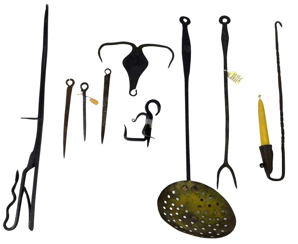 ELEVEN WROUGHT IRON FIREPLACE PIECES,