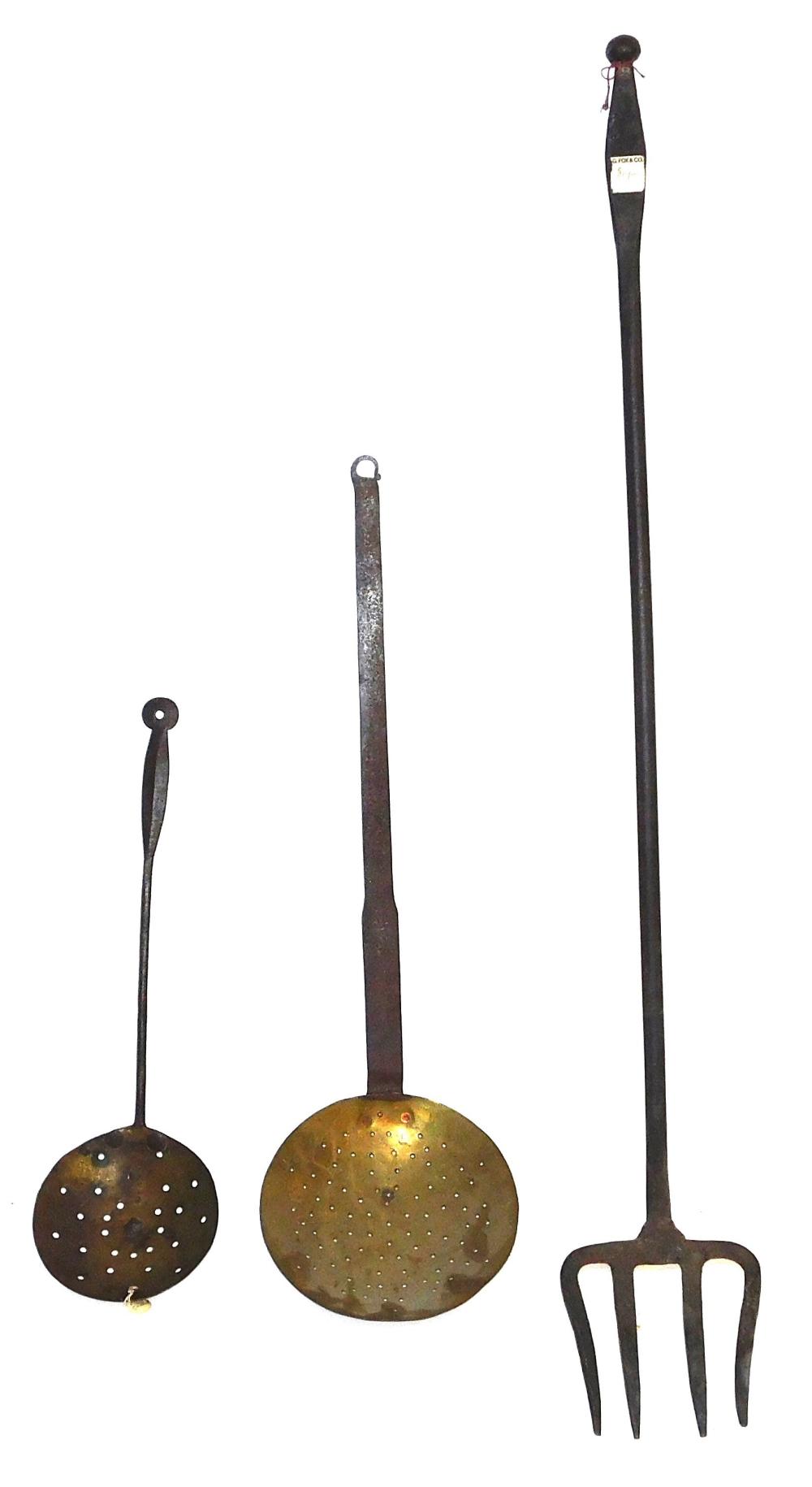 THREE LARGE FIREPLACE COOKING IMPLEMENTS,