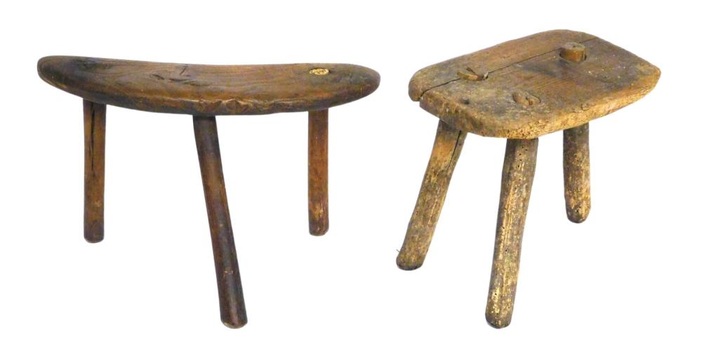 TWO NAIVE THREE LEGGED WOODEN STOOLS  2e2c13