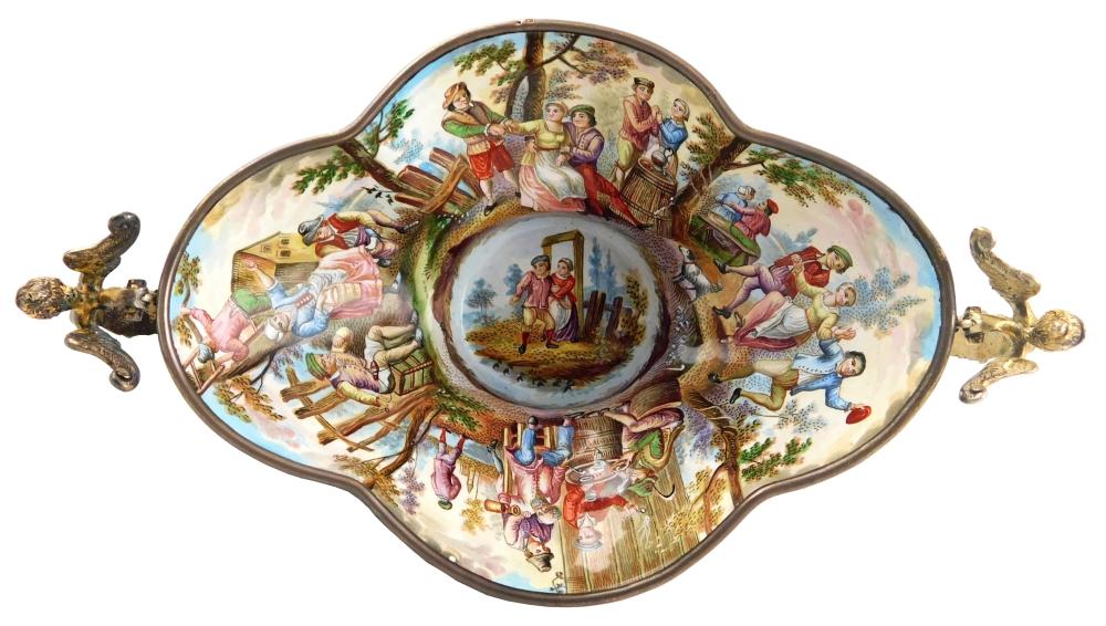 VIENNESE ENAMELED SILVER DISH,