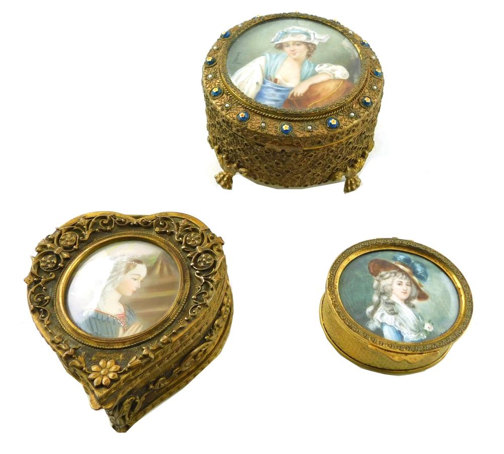 THREE GILT METAL TRINKET BOXES, FRENCH,