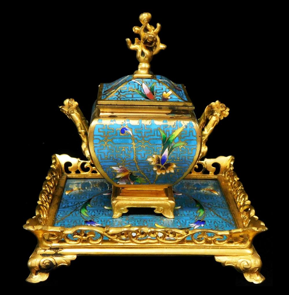 CLOISONNE ORMOLU INKWELL ON STAND  2e2ceb