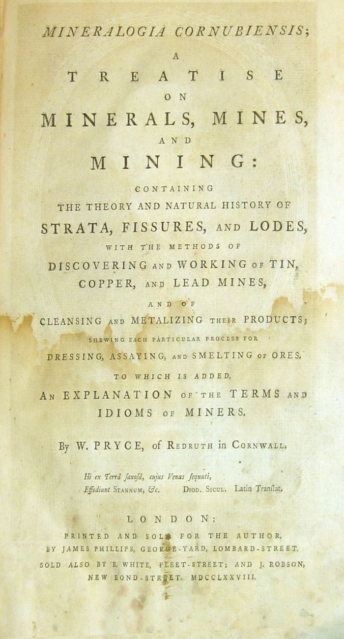 1 vol.   Pryce, William. Mineralogia