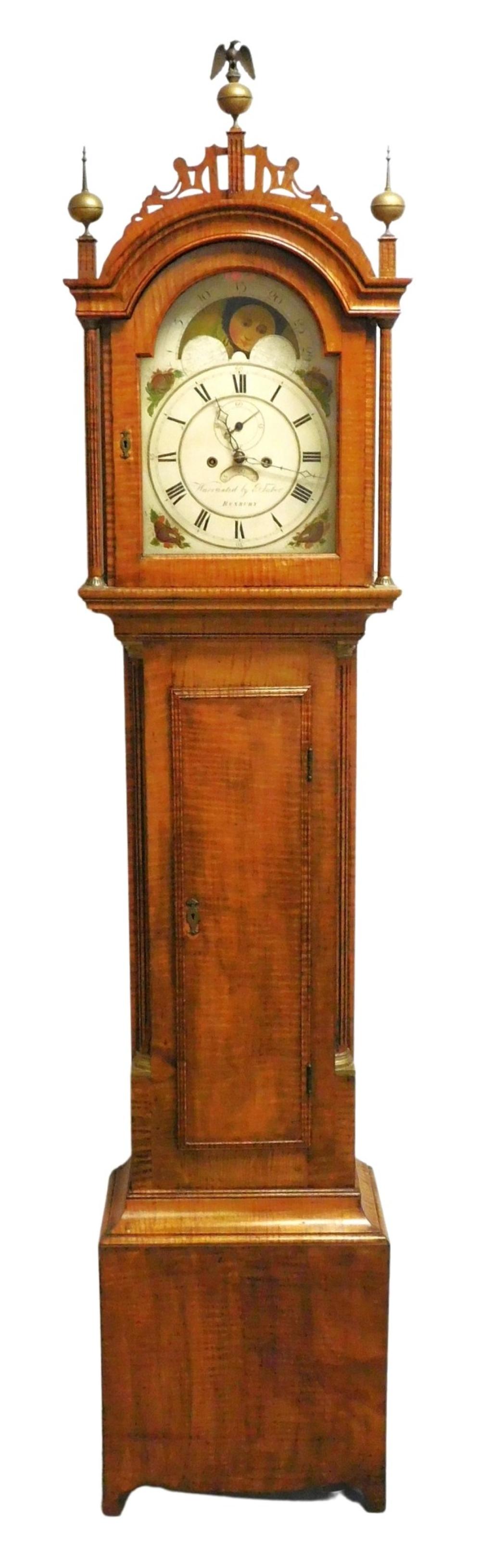 +TALL CLOCK IN TIGER MAPLE, BENCH