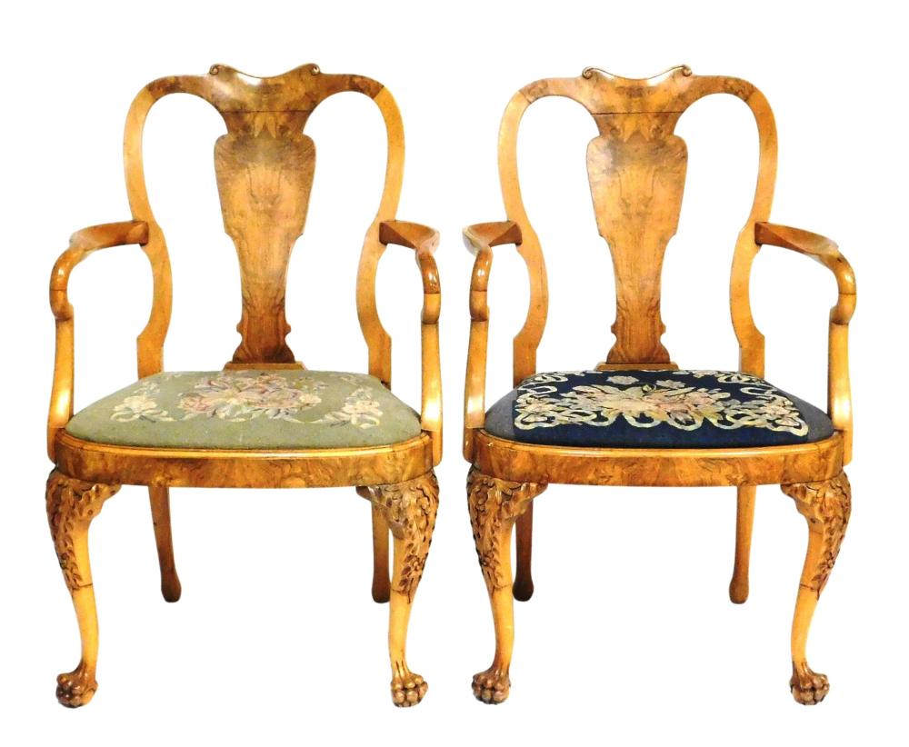 PAIR QUEEN ANNE ARMCHAIRS WITH