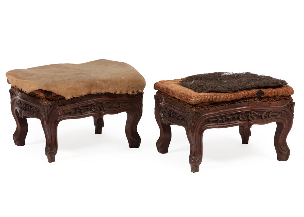 LOUIS XV-STYLE CARVED WALNUT FOOTSTOOLSPair