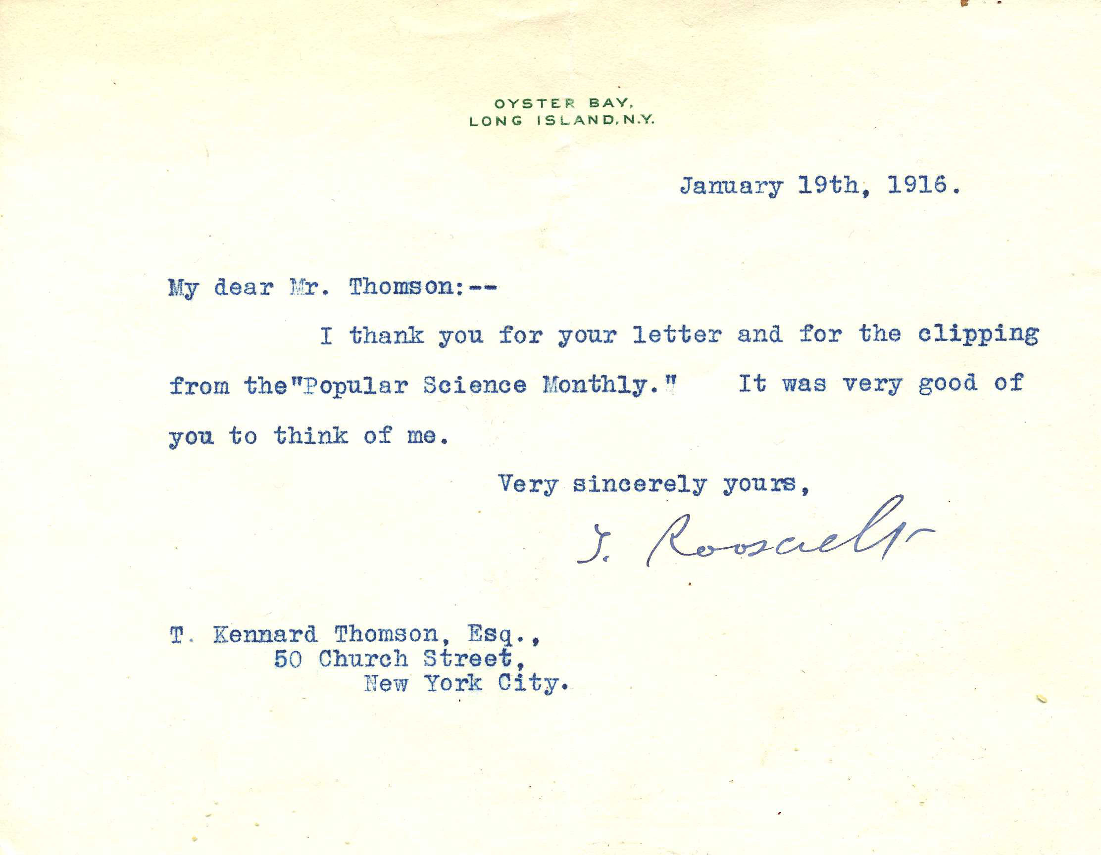1 piece.  Typed Letter Signed. Roosevelt,