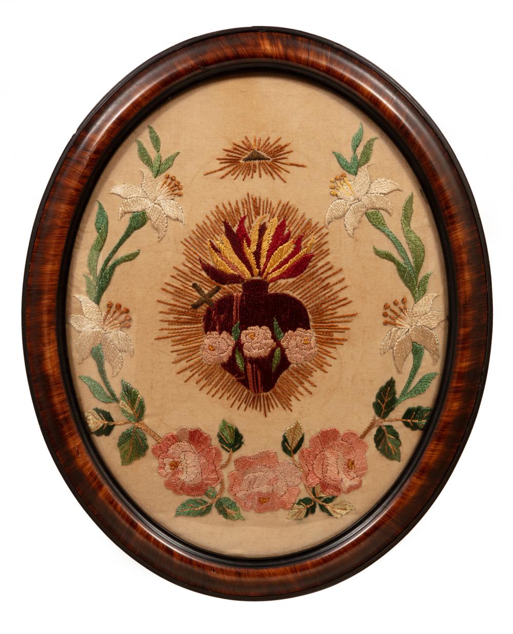 OVAL NEEDLEPOINT OF THE SACRED HEARTAntique