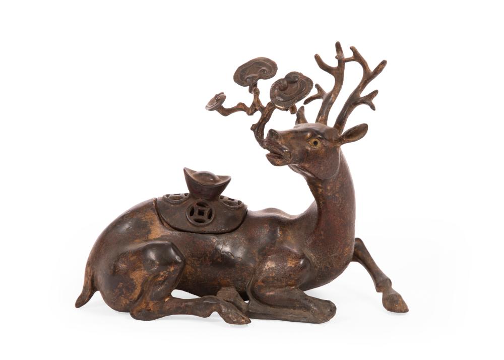 CHINESE PARTIAL GILT BRONZE DEER-FORM