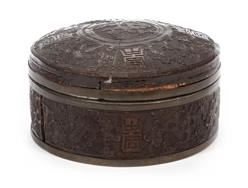 CHINESE LACQUER OVER PEWTER OR