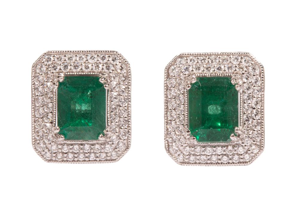 PAIR OF PLATINUM, EMERALD AND DIAMOND