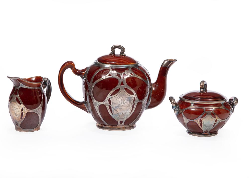 LENOX BROWN GLAZED SILVER OVERLAY TEA